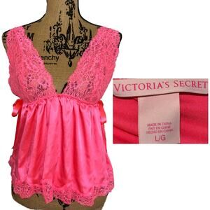 Victorias Secret Sheer Lace Satin Babydoll Top Pink Size Large Romantic Trendy